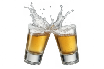 Whiskey splashing between shot glasses, capturing celebratory moment with dynamic liquid movement against transparent surface