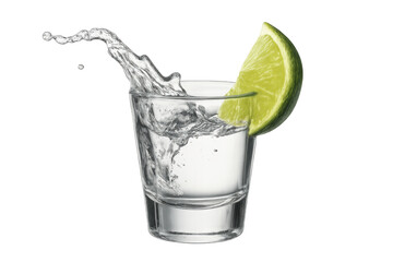 Tequila splashing energetically, lime wedge nearby, crisp transparent backdrop highlighting golden liquid movement