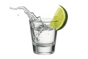 Tequila splashing energetically, lime wedge nearby, crisp transparent backdrop highlighting golden liquid movement
