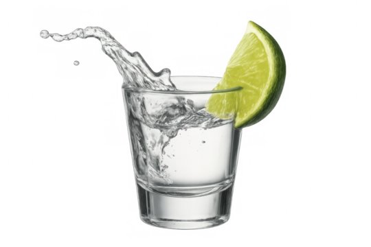 Tequila splashing energetically, lime wedge nearby, crisp transparent backdrop highlighting golden liquid movement