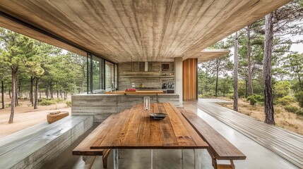 Modern minimalist home nestled in a pine forest, featuring an open-plan kitchen and dining area with large windows offering stunning views