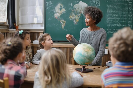 Teacher explaining geography with globe to elementary students in a classroom environment setting scene