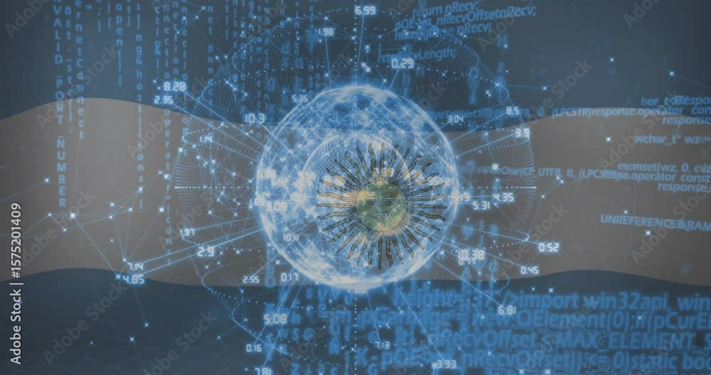 Poster opening digital globe activating nodes connecting lines over flag stripes while streaming data