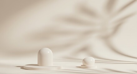 Fototapeta premium Minimalist cream product display with geometric shapes and soft leaf shadow patterns