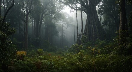 Fototapeta premium Mystical Rainforest Scene: Dense Fog, Towering Trees, and Lush Greenery