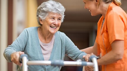 Joyful elderly woman smiles while using a walker, assisted by a caregiver, showing happy senior care