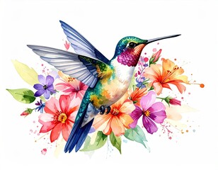 Obraz premium Colorful hummingbird amidst vibrant flowers