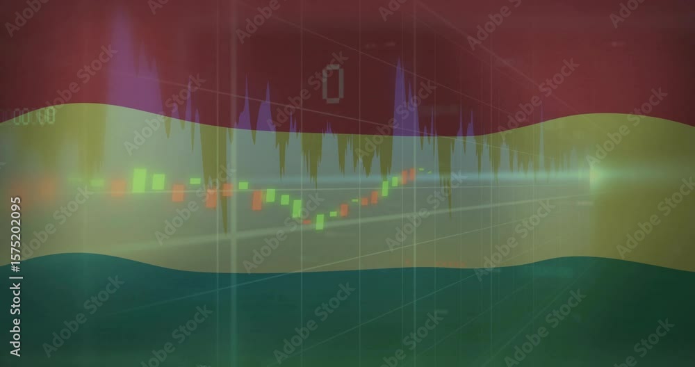 Poster waving bolivian flag revealing candlestick chart showing market cycle with pulsing volume histogram