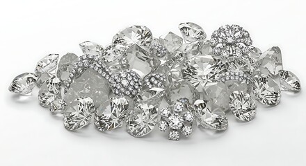 Obraz premium Sparkling Diamonds and Jewelry Displayed on a White Background, Luxurious and Elegant.