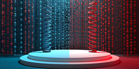 Digital DNA strands on platform, Red and blue dynamic DNA helix, Science fiction technology concept

