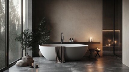 Serene minimalist bathroom design featuring a freestanding bathtub, large window, plants, and candles, creating a spa-like atmosphere