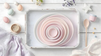 Arrangement of Pastel Plates and Easter Eggs on Wooden Surface