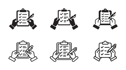  Set of hand holding checklist form with paper clipboard and to do sheet in line art and silhouette illustration