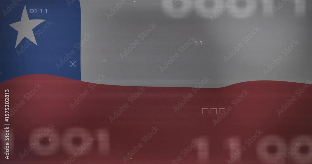 Poster opening static chilean flag, circuit traces sliding and binary code flashing, pulsing x emerging