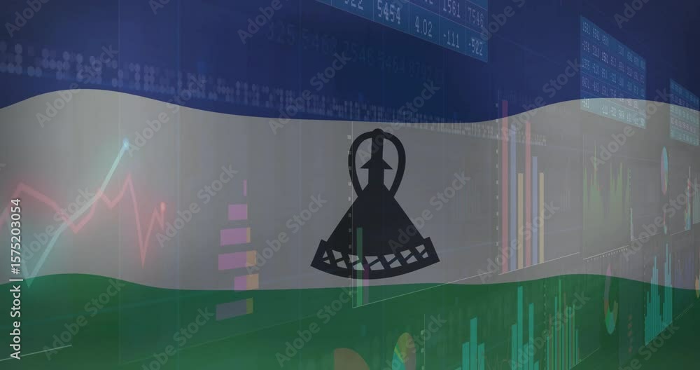 Poster animating lesotho flag mokorotlo rippling over dashboard, charts fluctuating while visualizing data