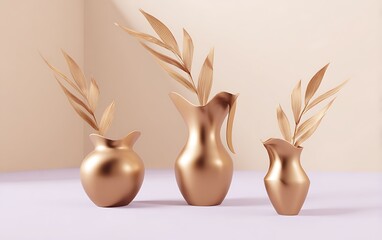 Golden vases with leaves arrangement art