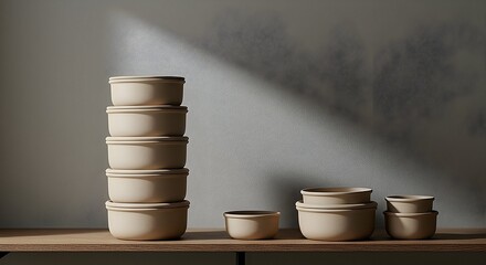 Arrangement of Storage Bowls on Wooden Shelf, Minimalist Style
