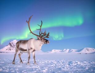 Naklejka premium A majestic reindeer stands gracefully in a snowy landscape, its thick fur glistening with frost, surrounded by soft, white snowflakes falling gently.