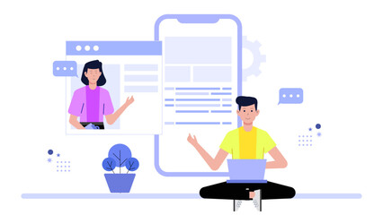 Remote team sharing weekly updates via group chat flat vector illustration