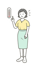 温度計を見て室内の温度管理をする若い女性のイラスト