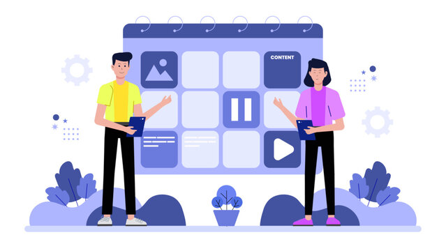 Content team building multi-format media calendar flat vector illustration