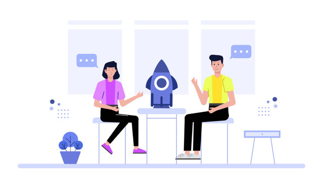 Startup pitching subscription model to business partners flat vector illustration