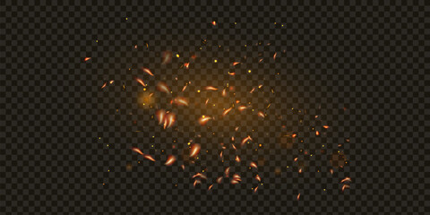 Fototapeta premium Flame of fire with sparks on a black background. The texture of the fiery storm. The fiery sparks of lights flash, a shot of a flying spark in the air. a dark night