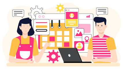 Content team building multi-format media calendar flat vector illustration