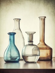 Vintage glass bottles on wooden surface