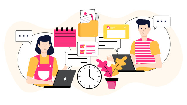Remote team sharing weekly updates via group chat flat vector illustration