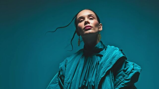 Elegant Woman Posing in a Turquoise Outfit Against Dark Background with ai generated