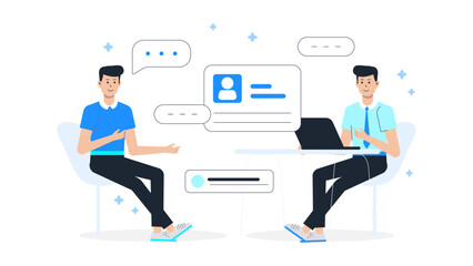 Startup team doing market validation interviews flat vector illustration