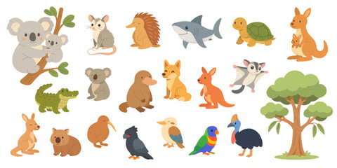 Cartoon collection of Australian animals including kangaroo, koala, crocodile, and colorful birds, animals illustrated in flat vector style, australian animals perfect for educational designs.