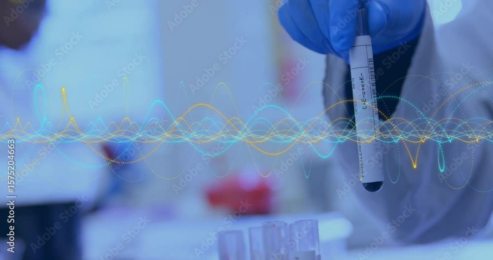 Poster removing cap triggers lab technician pipetting sample for clinical research with waveform overlay
