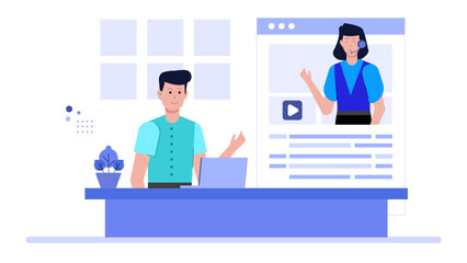 CEO Speaking on Business Podcast Remotely Flat Vector Illustration