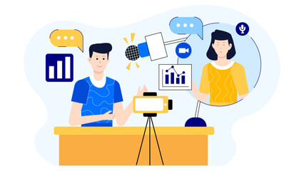 CEO Speaking on Business Podcast Remotely Flat Vector Illustration