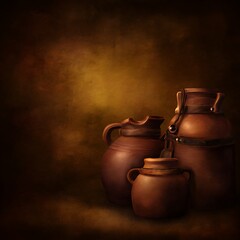 Rustic clay pots in dramatic light