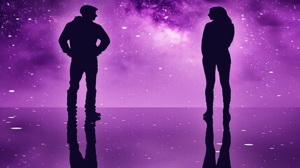 Obraz premium Silhouette of a couple facing each other in a dreamy purple cosmic background with reflections