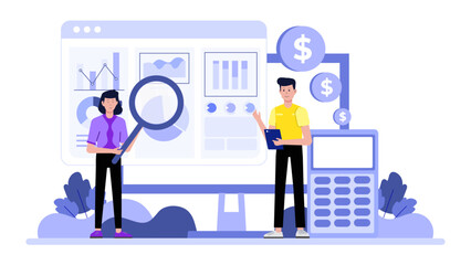 Finance Department Auditing Ad Spend Report, Flat Vector Illustration
