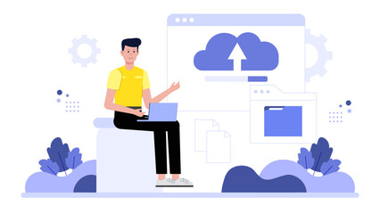Freelancer Uploading Final Assets to Online Repository, Flat Vector Illustration