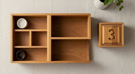 Arranging Wooden Shelf with Block Number Three, Indoor Still Life