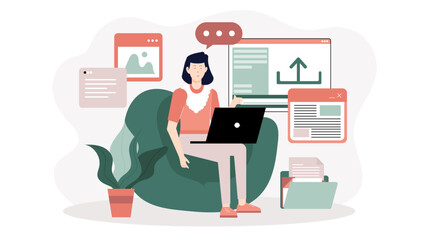 Freelancer Uploading Final Assets to Online Repository, Flat Vector Illustration