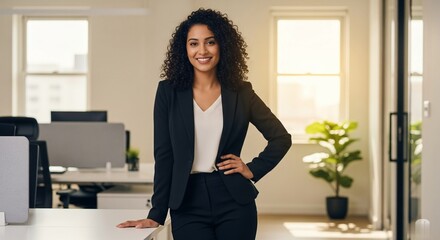 Professional Indian Businesswoman with Curly Hair Posing Confidently in a Bright Office.