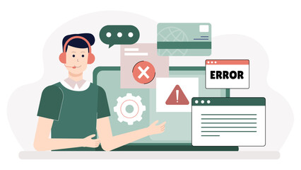 Support Agent Fixing Payment Gateway Issue, Flat Vector Illustration