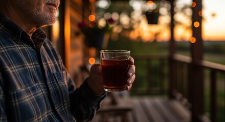A man contemplates the sunset with a drink on a porch during a peaceful evening.