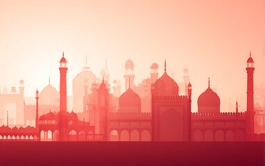 Red cityscape with domes and minarets