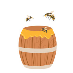 Bees gather around a honey barrel in a bright and colorful illustration