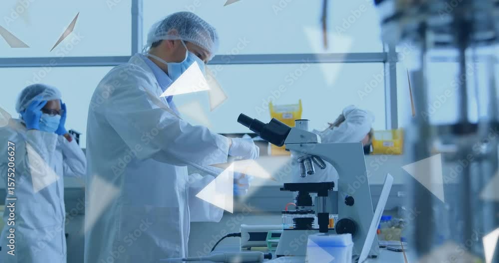 Aufkleber scientist in lab picking vial unscrewing cap dispensing sample logging data with floating triangles