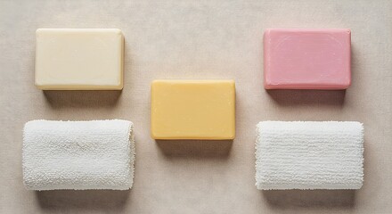Assorted Soap Bars with White Washcloths on Neutral Surface