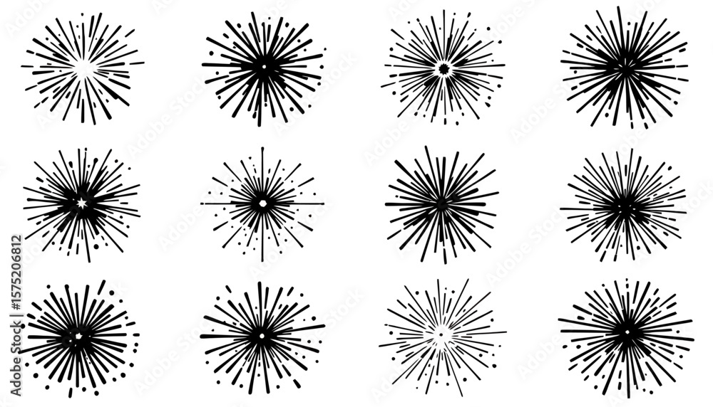 Poster a dazzling collection of twelve unique firework designs in vector format, perfect for adding a celeb